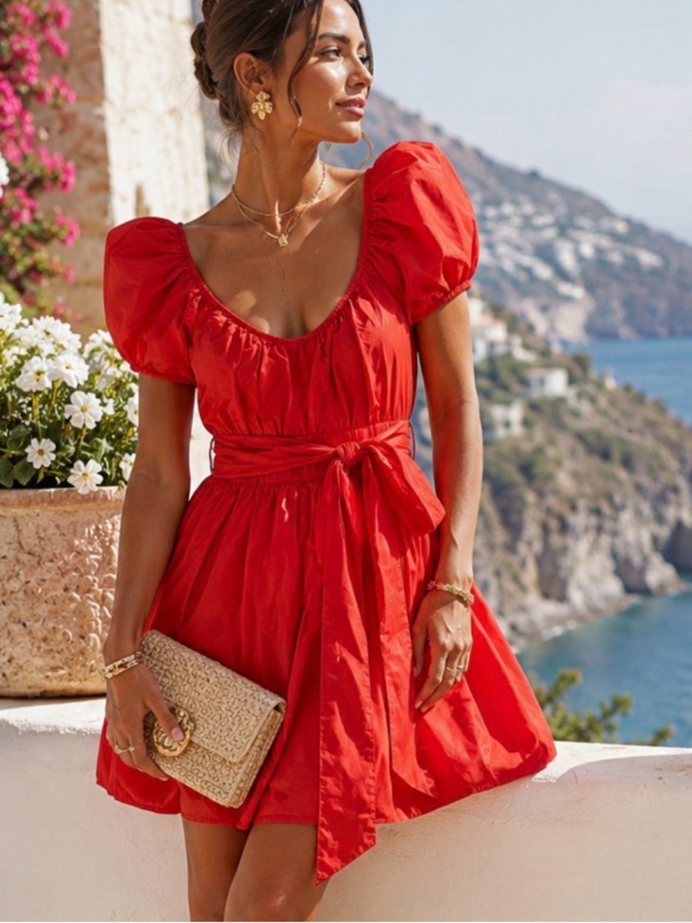 * Tanya Taylor Stacy Dress NWT Size 10 Red Puff Sleeve Mini Dress Bow Waist $545